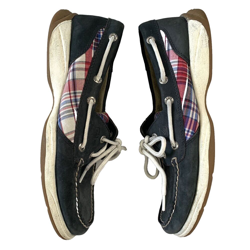 Sperry Top Sider Laguna Navy Blue Madras Plaid Leather Boat Shoes Women Size 9 M